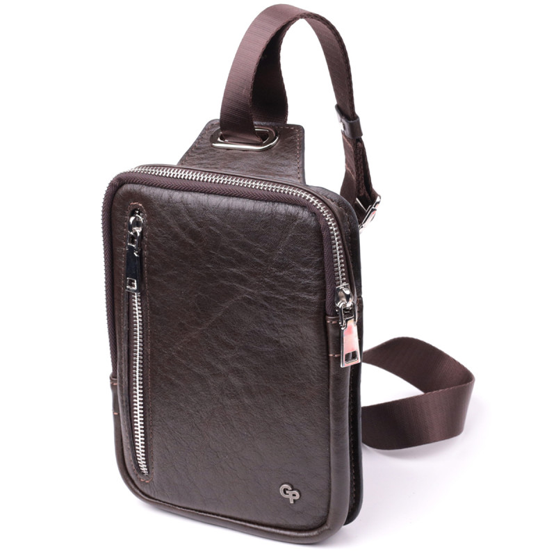 Мужская прямоугольная сумка бананка из гладкой натуральной кожи GRANDE PELLE Коричневый