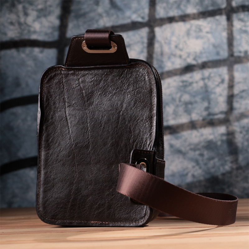 Мужская прямоугольная сумка бананка из гладкой натуральной кожи GRANDE PELLE Коричневый