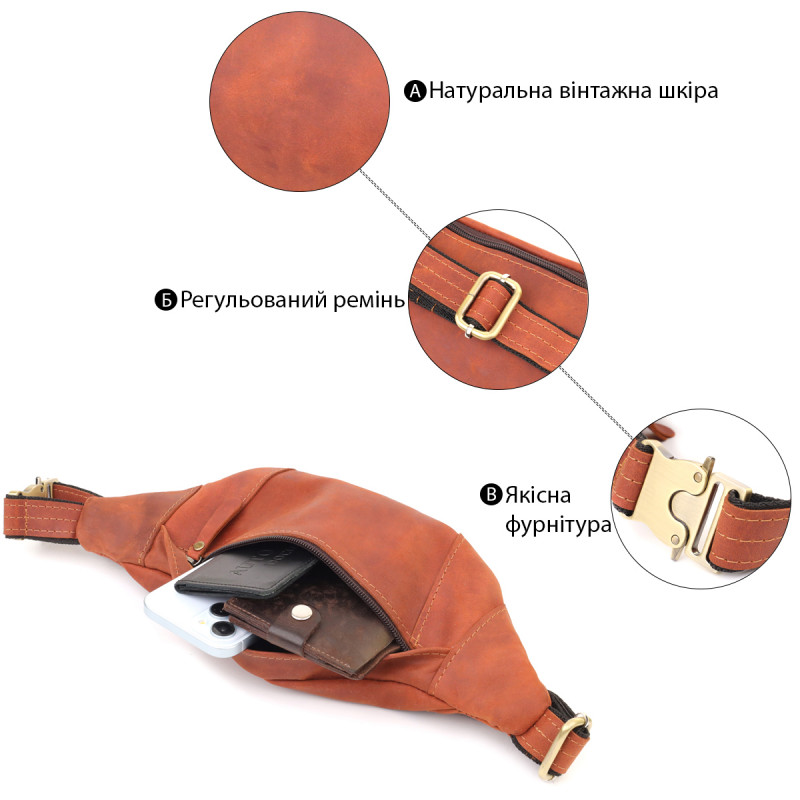 Практичная сумка-бананка для мужчин из натуральной винтажной кожи Shvigel Рыжий