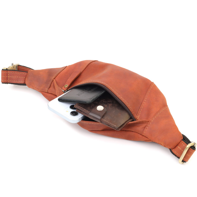 Практичная сумка-бананка для мужчин из натуральной винтажной кожи Shvigel Рыжий