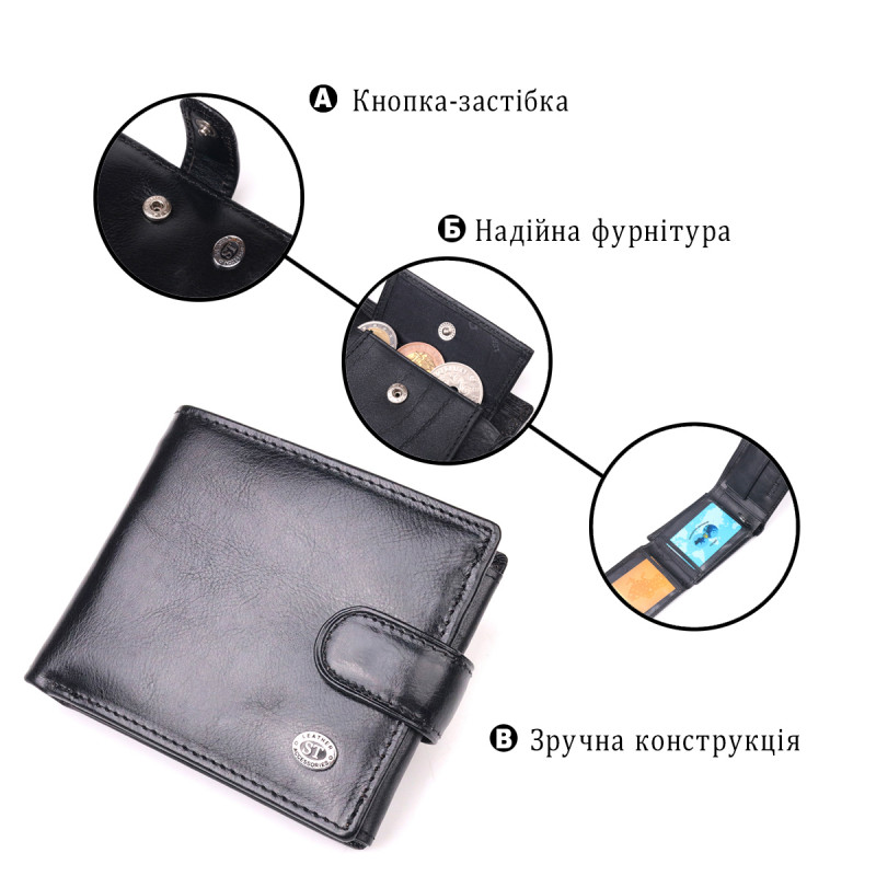 Классический мужской бумажник из натуральной кожи ST Leather Черный