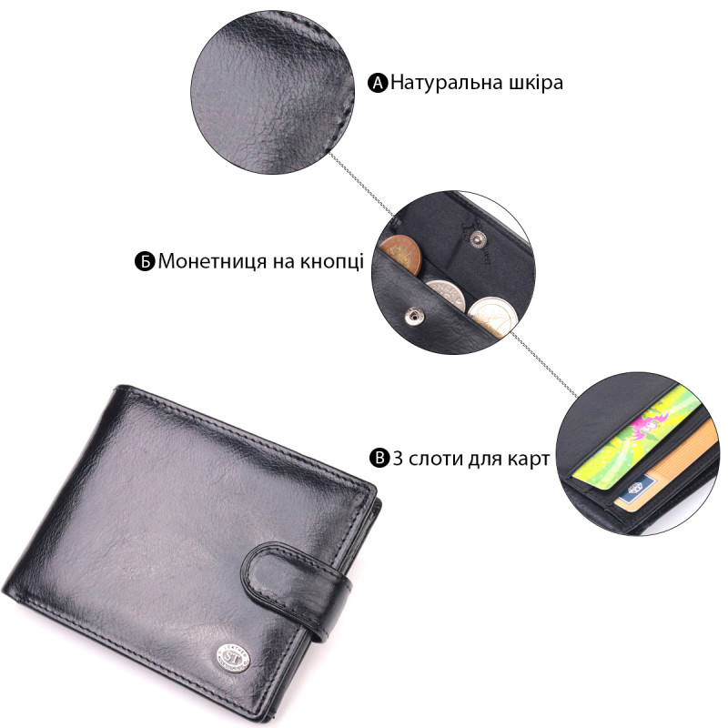 Классический мужской бумажник среднего размера из натуральной кожи ST Leather Черный