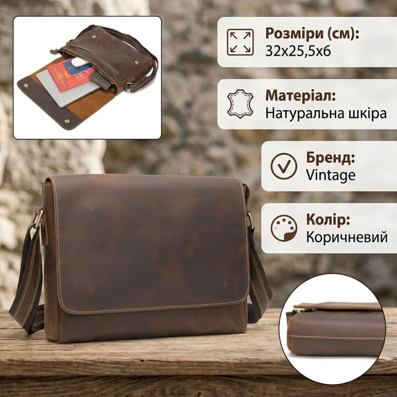 Сумка чоловіча crazy horse Vintage Коричнева