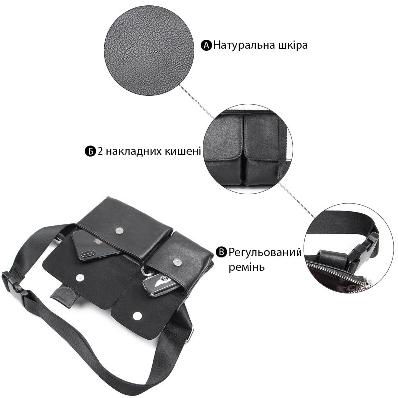 Сумка поясная кожаная Vintage Черная