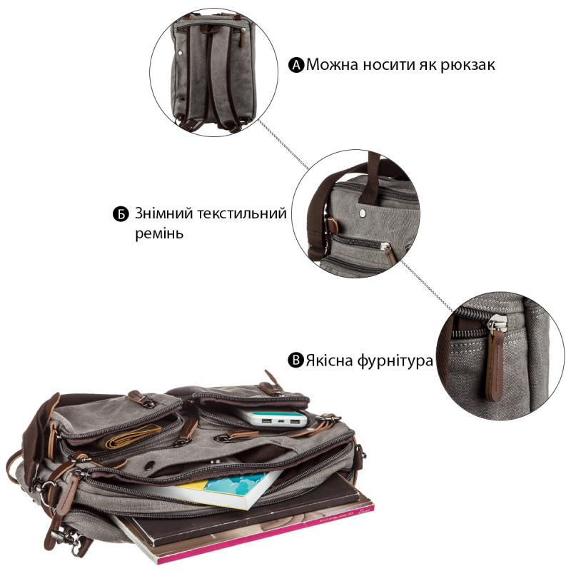 Сумка-трансофрмер текстильная Vintage Серая