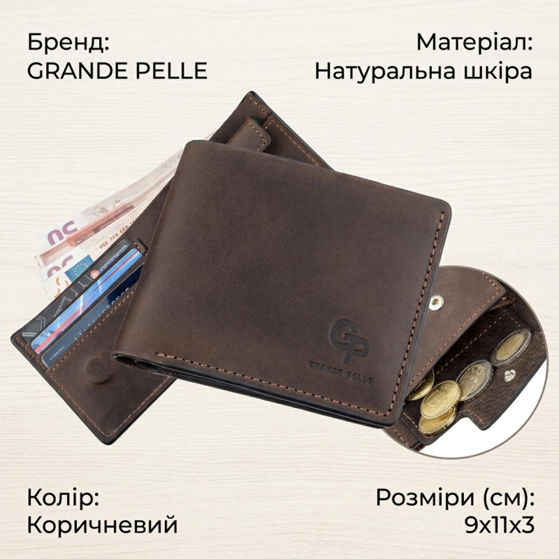 Класичне портмоне унісекс на магніті GRANDE PELLE Коричнева