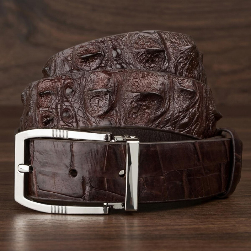 Ремінь чоловічий CROCODILE LEATHER з натуральної шкіри крокодила Коричневий