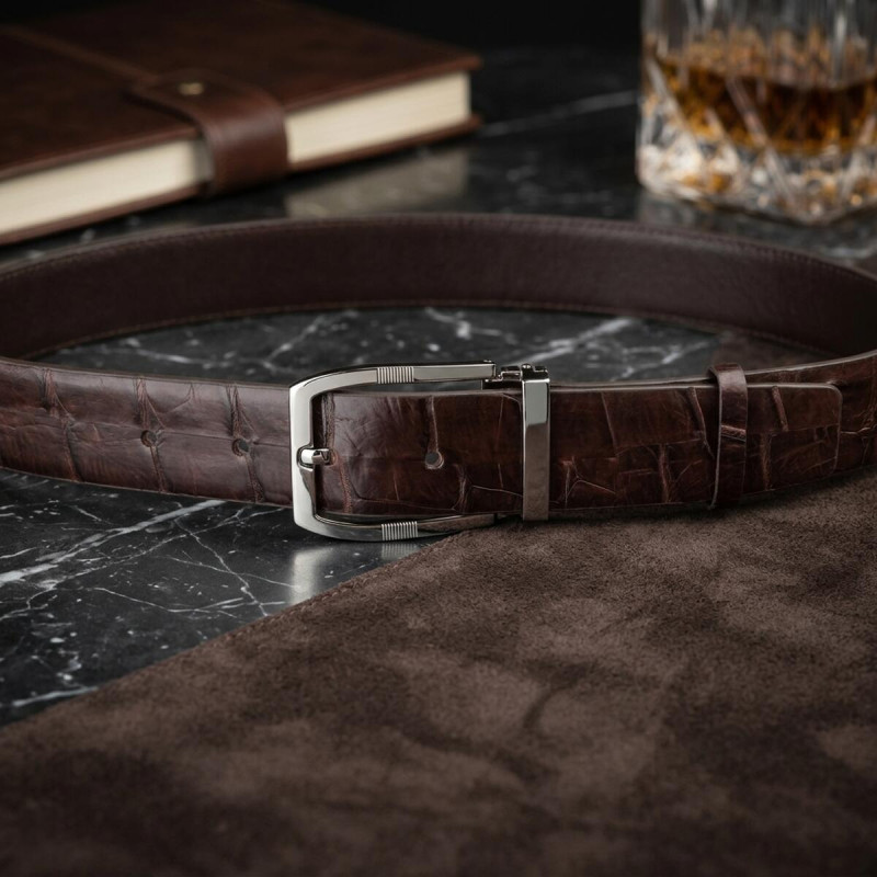 Ремінь чоловічий CROCODILE LEATHER з натуральної шкіри крокодила Коричневий