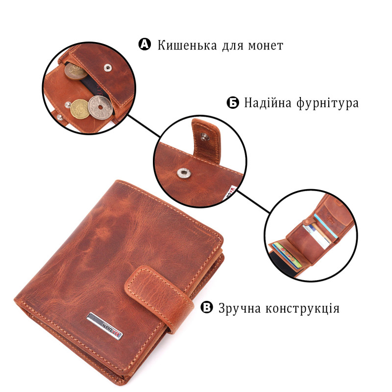 Функциональный мужской кошелек в винтажной коже KARYA Рыжий