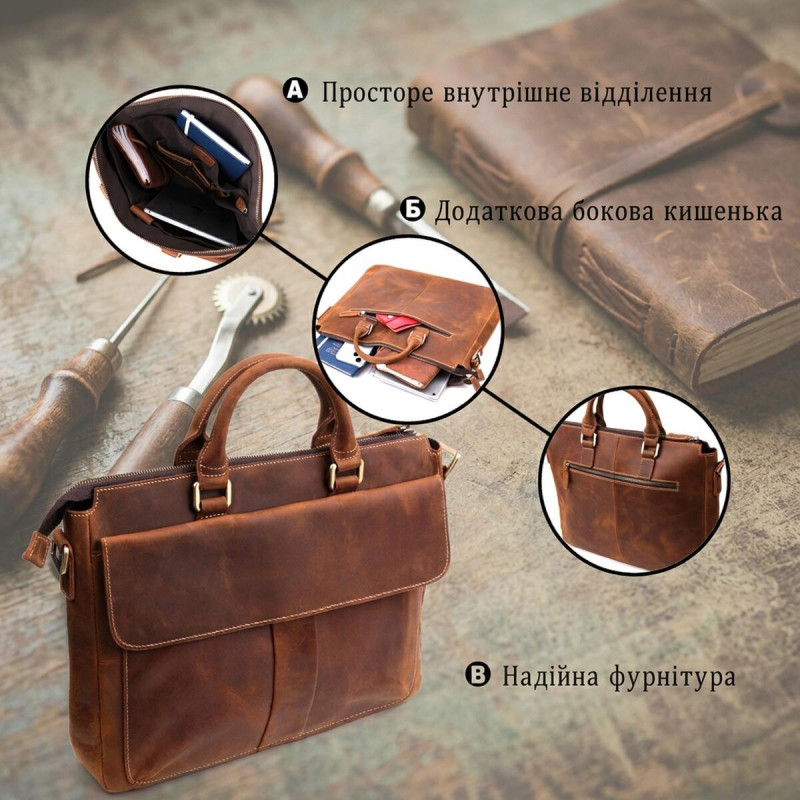 Шкіряний портфель для ноутбука роботи та документів Vintage Коричневий