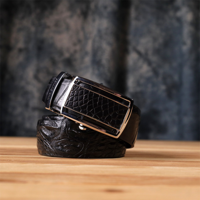 Ремень-автомат CROCODILE LEATHER из натуральной кожи крокодила Черный