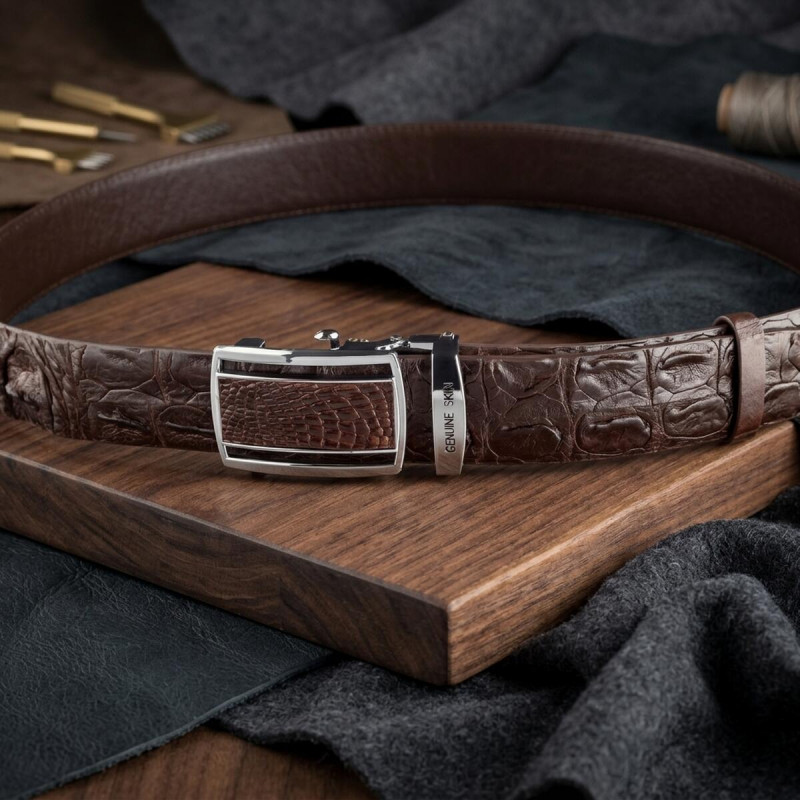 Ремінь-автомат CROCODILE LEATHER з натуральної шкіри крокодила Коричневий