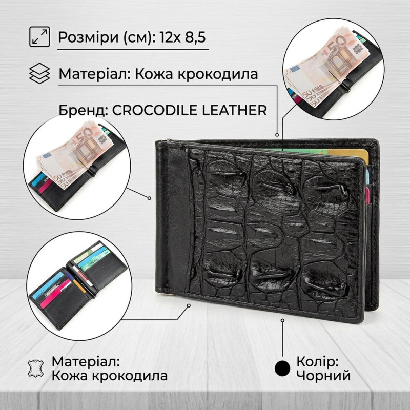 Затискач CROCODILE LEATHER з натуральної шкіри крокодила Чорний