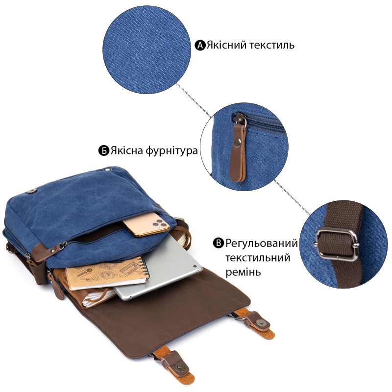 Сумка почтальонка текстильная Vintage Синяя