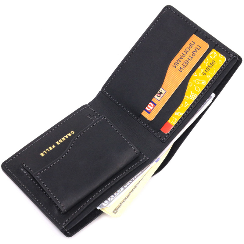 Надійне шкіряне портмоне з вінтажної шкіри в два складення Україна GRANDE PELLE Чорний