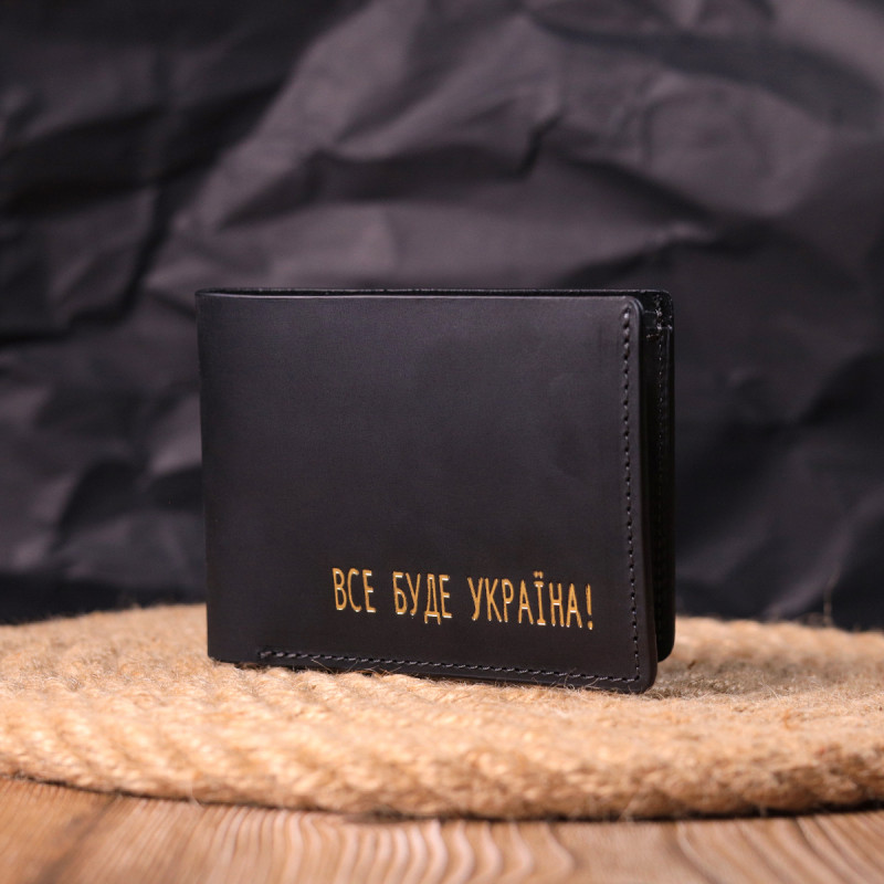 Надійне шкіряне портмоне з вінтажної шкіри в два складення Україна GRANDE PELLE Чорний