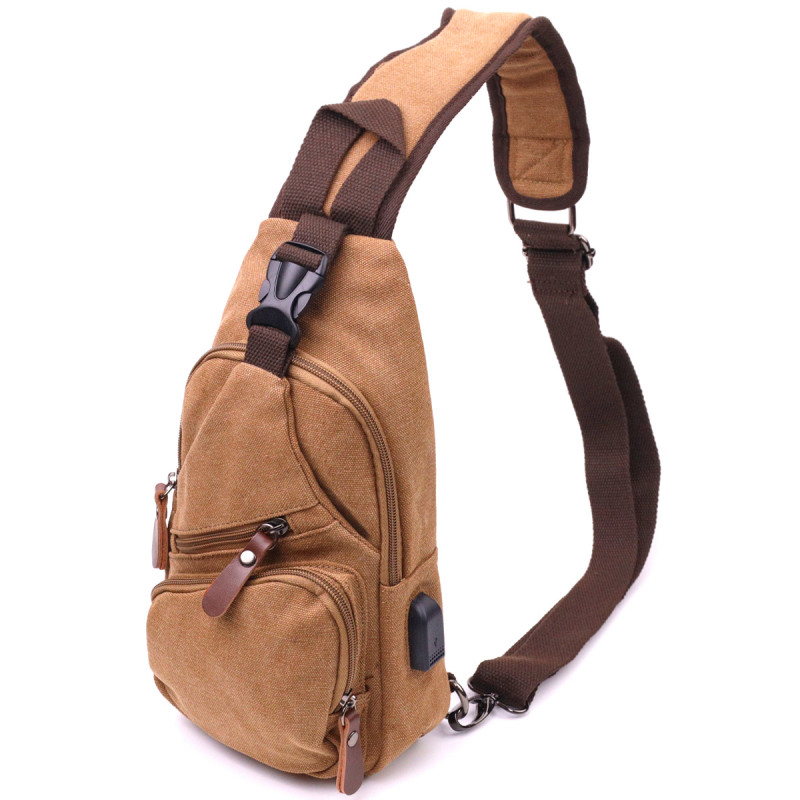 Практичная мужская сумка через плечо с USB кабелем текстильная Vintage Коричневая