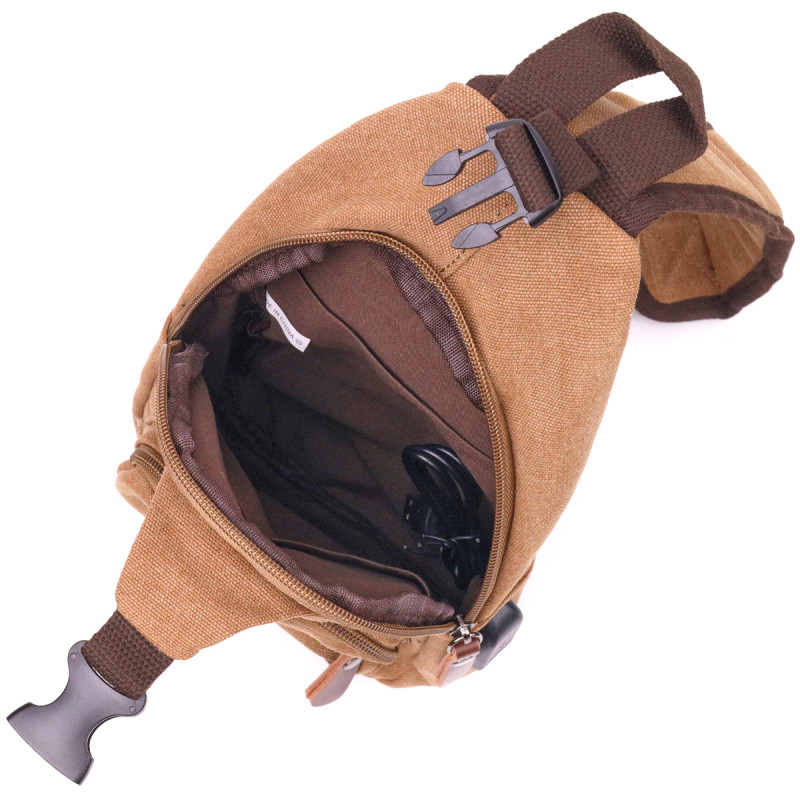 Практичная мужская сумка через плечо с USB кабелем текстильная Vintage Коричневая