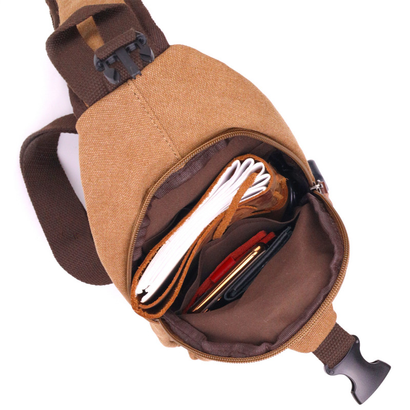 Практичная мужская сумка через плечо с USB кабелем текстильная Vintage Коричневая