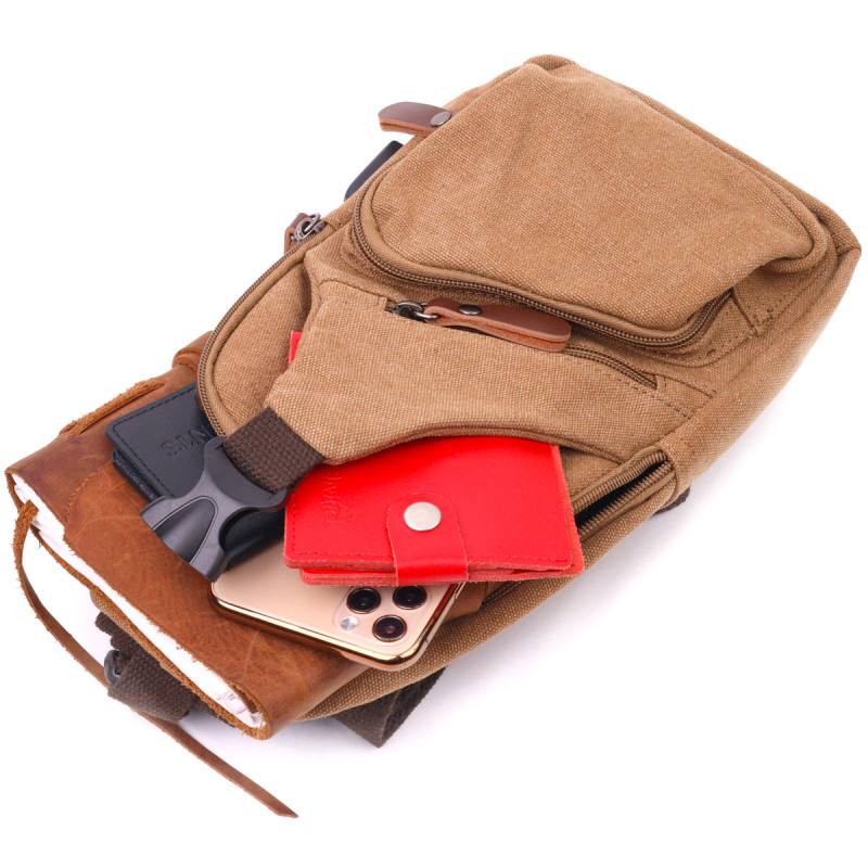 Практичная мужская сумка через плечо с USB кабелем текстильная Vintage Коричневая