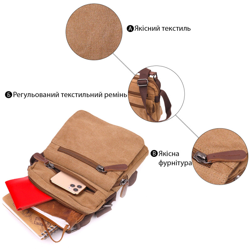 Небольшая мужская сумка из плотного текстиля Vintage Коричневая