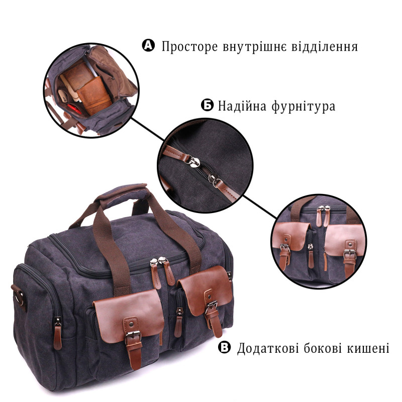 Велика дорожня сумка текстильна Vintage Чорна