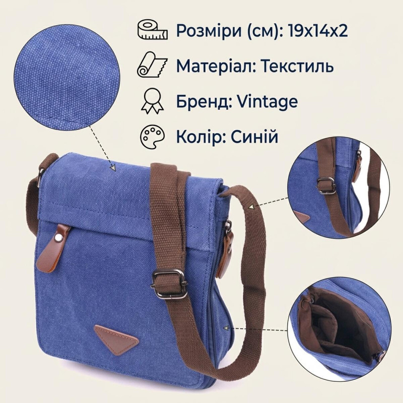 Интересная мужская сумка из текстиля Vintage Синяя