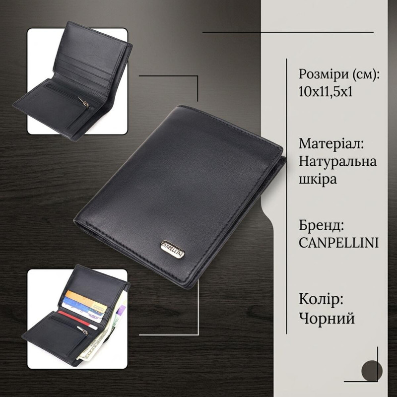 Мужское портмоне из натуральной гладкой кожи CANPELLINI Черное