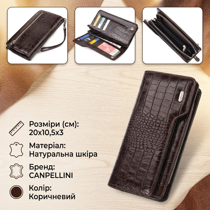 Функціональне портмоне клатч із натуральної шкіри CANPELLINI Коричневе