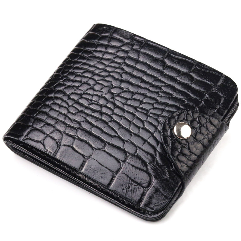 Стильное мужское портмоне в два сложения из натуральной фактурной кожи с тиснением под крокодила CANPELLINI Черное