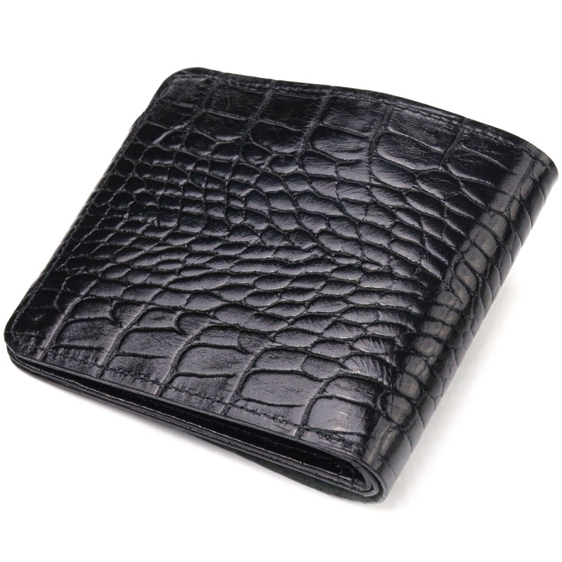 Стильное мужское портмоне в два сложения из натуральной фактурной кожи с тиснением под крокодила CANPELLINI Черное