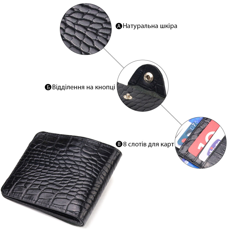 Стильное мужское портмоне в два сложения из натуральной фактурной кожи с тиснением под крокодила CANPELLINI Черное