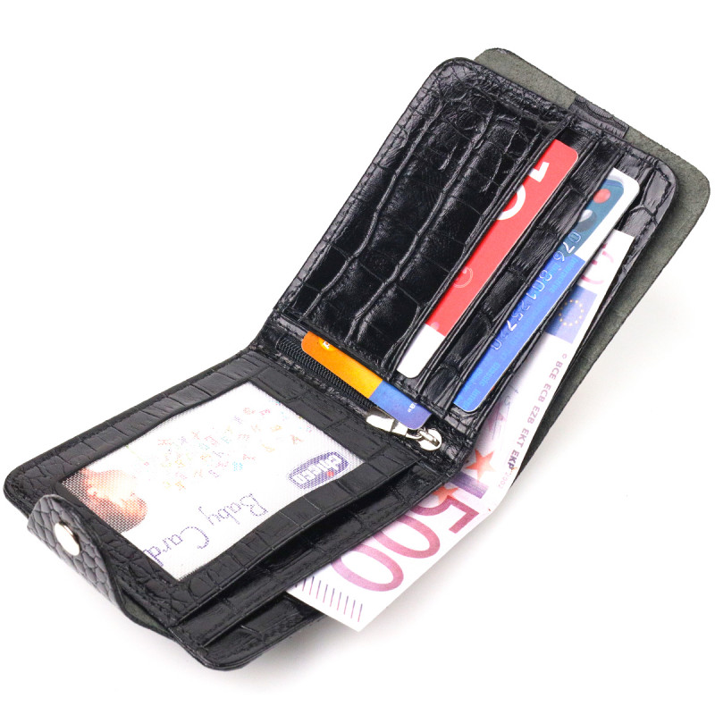 Стильное мужское портмоне в два сложения из натуральной фактурной кожи с тиснением под крокодила CANPELLINI Черное