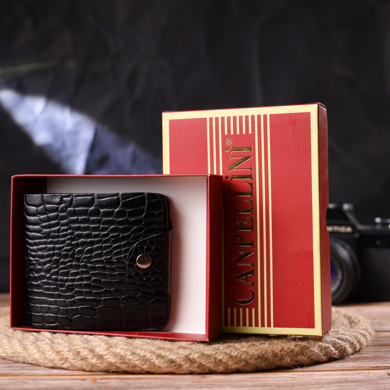 Стильное мужское портмоне в два сложения из натуральной фактурной кожи с тиснением под крокодила CANPELLINI Черное