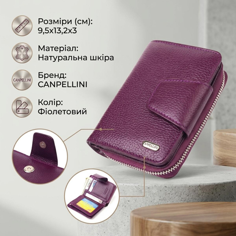 Практичний вертикальний портмоне для жінок з монетницею на блискавці з натуральної шкіри флотар CANPELLINI Фіолетовий