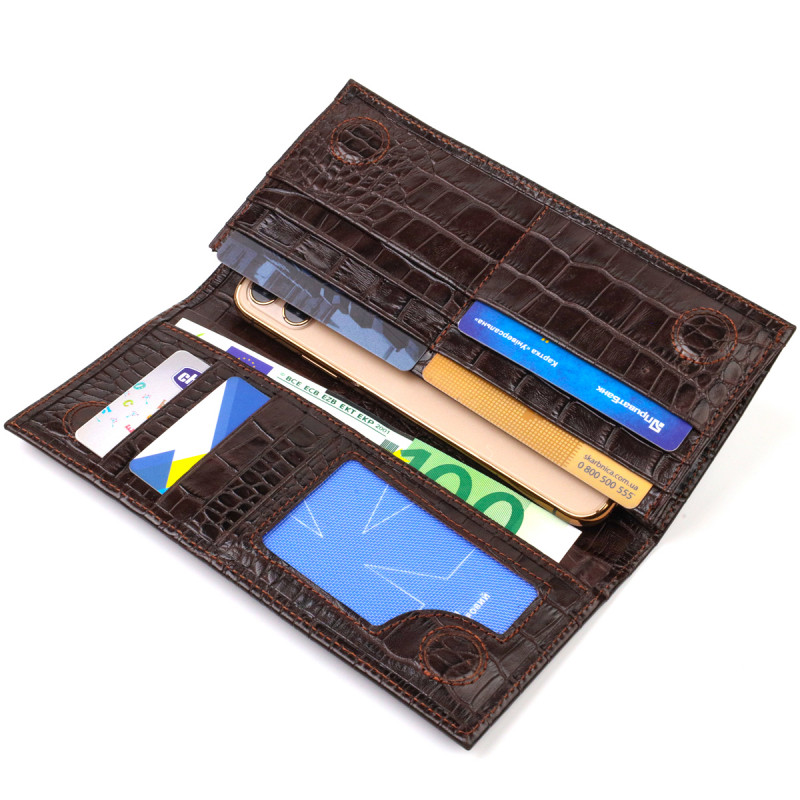 Стильный мужской вертикальный бумажник из натуральной кожи с тиснением под крокодила CANPELLINI Коричневый