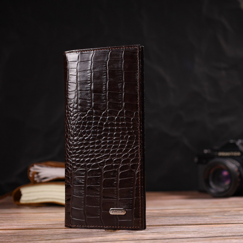 Стильный мужской вертикальный бумажник из натуральной кожи с тиснением под крокодила CANPELLINI Коричневый