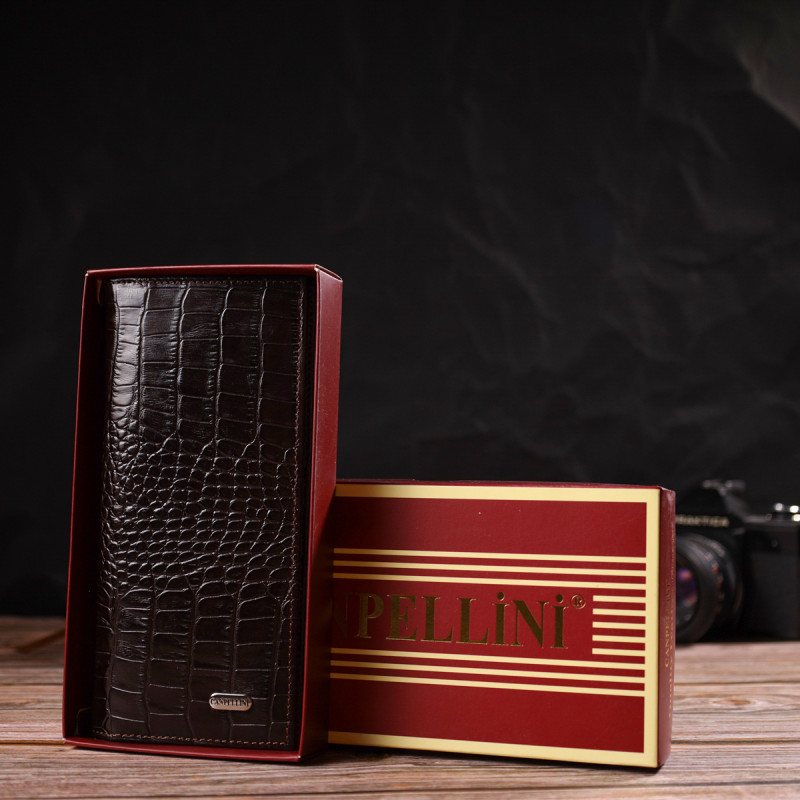 Стильный мужской вертикальный бумажник из натуральной кожи с тиснением под крокодила CANPELLINI Коричневый