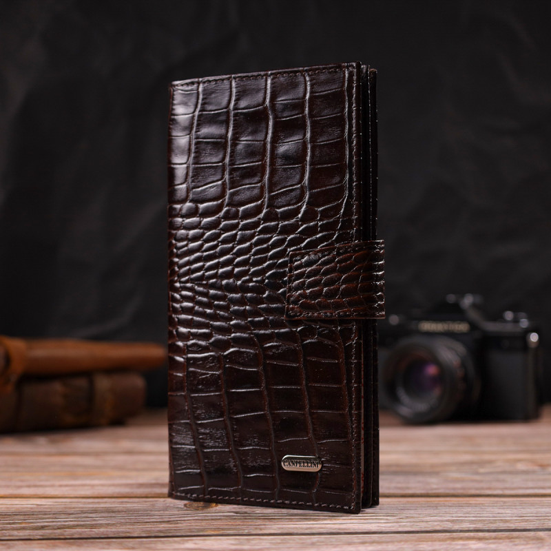 Стильный кошелек для мужчин из натуральной кожи с тиснением под крокодила CANPELLINI Коричневый