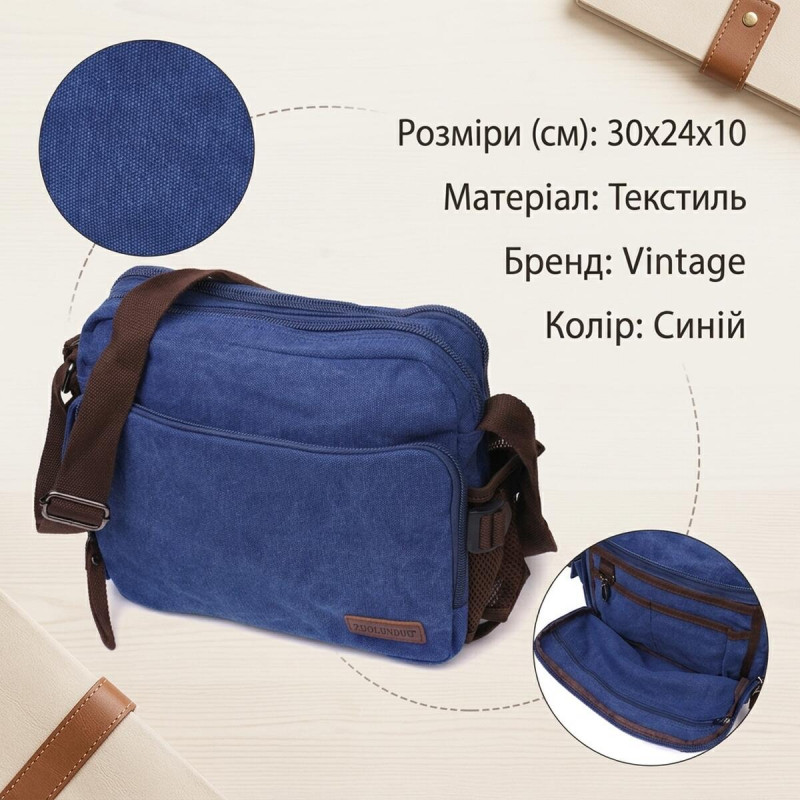 Сумка месенджер для чоловіків із щільного текстилю Vintage Синій