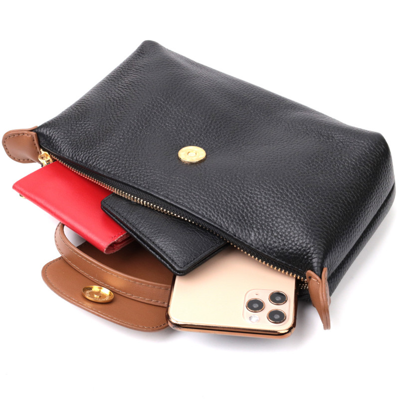 Стильная женская сумка с интересным клапаном из натуральной кожи Vintage Черная