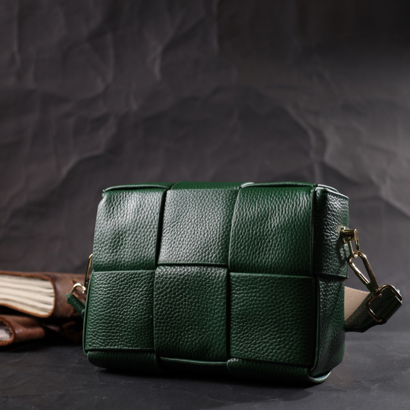 Компактная вечерняя сумка для женщин с переплетами из натуральной кожи Vintage Зеленая