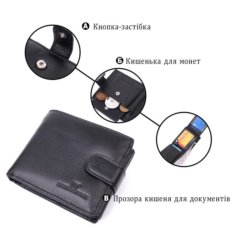 Качественный горизонтальный бумажник из натуральной кожи ST Leather Черный