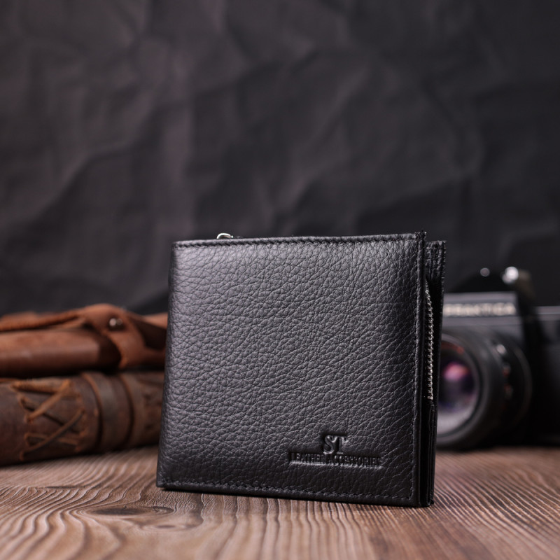Кошелек среднего размера с оригинальной монетницей из натуральной кожи ST Leather Черный