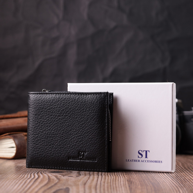 Кошелек среднего размера с оригинальной монетницей из натуральной кожи ST Leather Черный