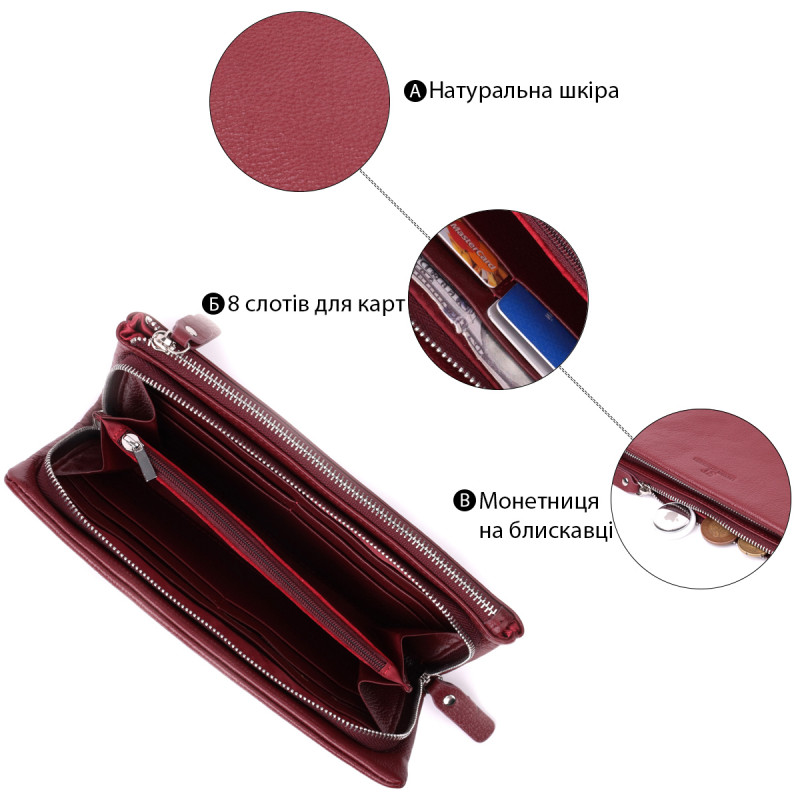 Добротный женский кошелек-клатч с двумя молниями из натуральной кожи ST Leather Бордовый