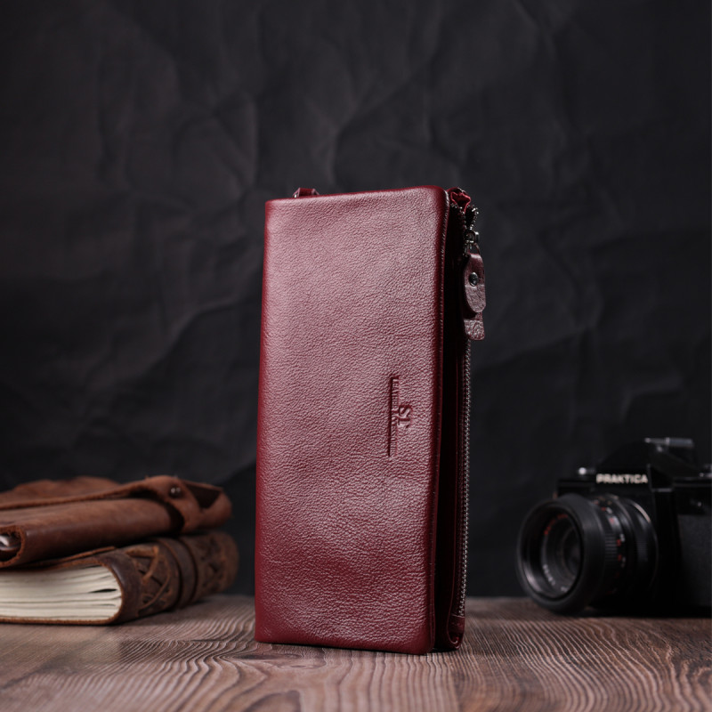 Добротный женский кошелек-клатч с двумя молниями из натуральной кожи ST Leather Бордовый