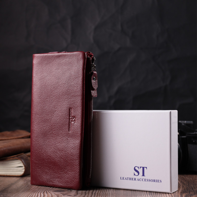 Добротный женский кошелек-клатч с двумя молниями из натуральной кожи ST Leather Бордовый