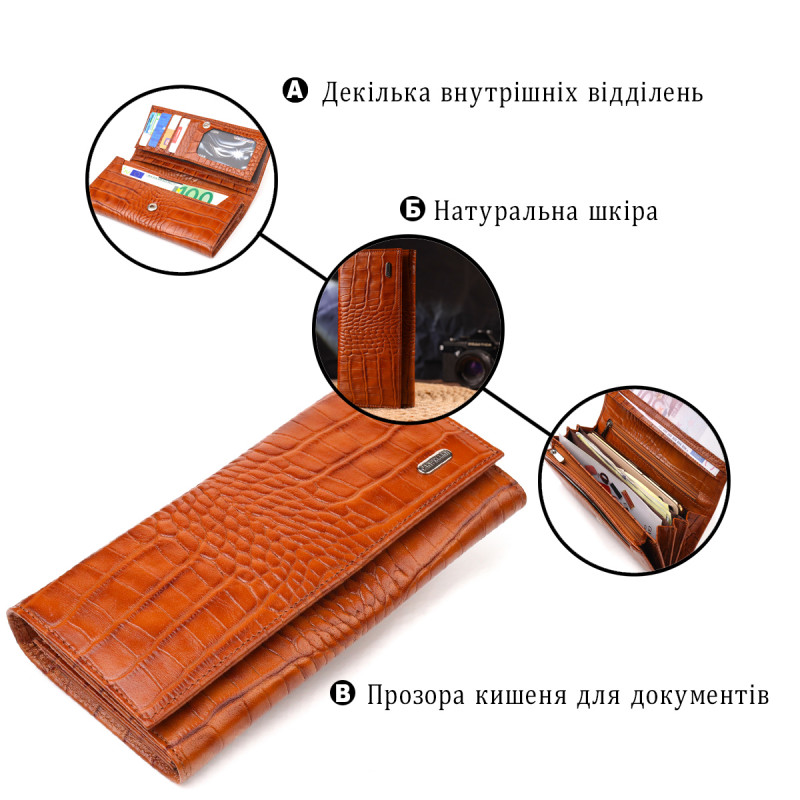 Качественный женский кошелек с монетницей из натуральной фактурной кожи CANPELLINI Рыжий