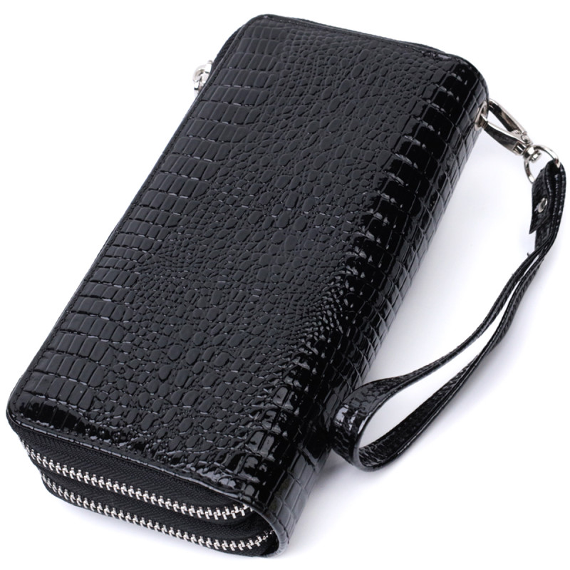 Стильный фактурный клатч на два отделения из лакированной натуральной кожи ST Leather Черный